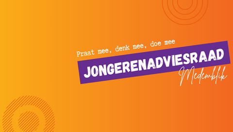 Afbeelding met het logo van de Jongerenadviesraad Medemblik en de tekst 'denk mee, praat mee, doe mee'.