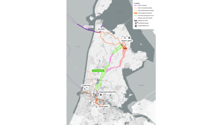 Kaart van provincie Noord-Holland waarop de plannen voor het hoogspanningsnetwerk worden weergegeven.