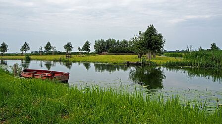 Afbeelding van het polderlandschap langs het Veldhuis met een bootje in het water. 
