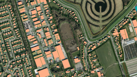 Luchtfoto met aanduiding optie te bouwen wijk 'Zeehoek'