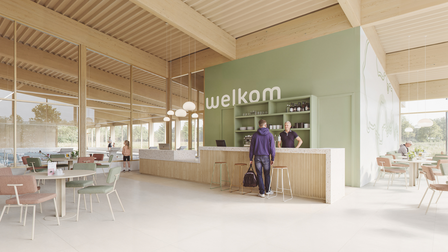 Bar of receptie met tafels en stoelen.